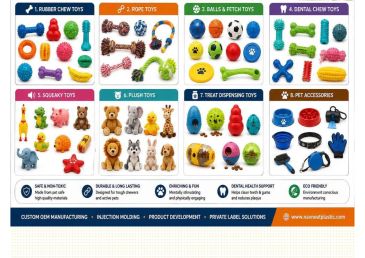 Various categories of pet toys and accessories with safety and eco-friendly features.