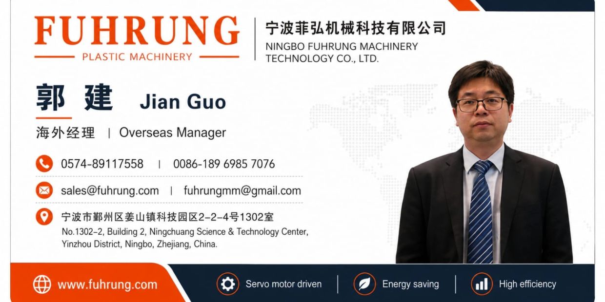 Business card for Jian Guo, Overseas Manager at Fuhrung Plastic Machinery.