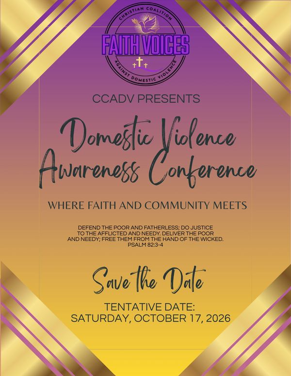 Flyer for a Domestic Violence Awareness Conference by Faith Voices CCADV.