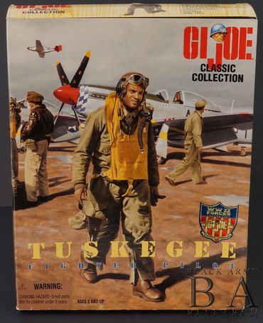 GI Joe Tuskegee Airmen fighter pilot figure box autographed by seven original WWII pilots.
