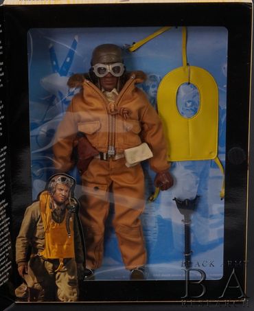 GI Joe Tuskegee Airmen fighter pilot figure box autographed by seven original WWII pilots.