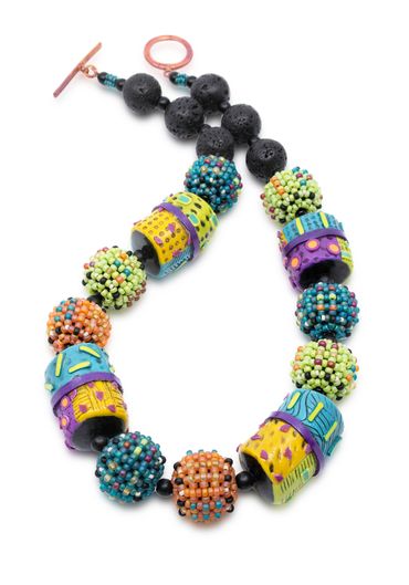 Necklace of handwoven and layered glass beads, Hollow polymer forms.