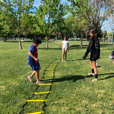 Children playing an agility ladder game in a sunny park.