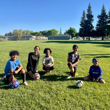 Five kids sitting on grass with soccer balls on a sunny day.