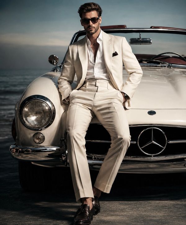 Man in a white suit leaning on a classic Mercedes car.