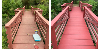 Side-by-side images of a wooden bridge, one mid-painting and one freshly painted red.