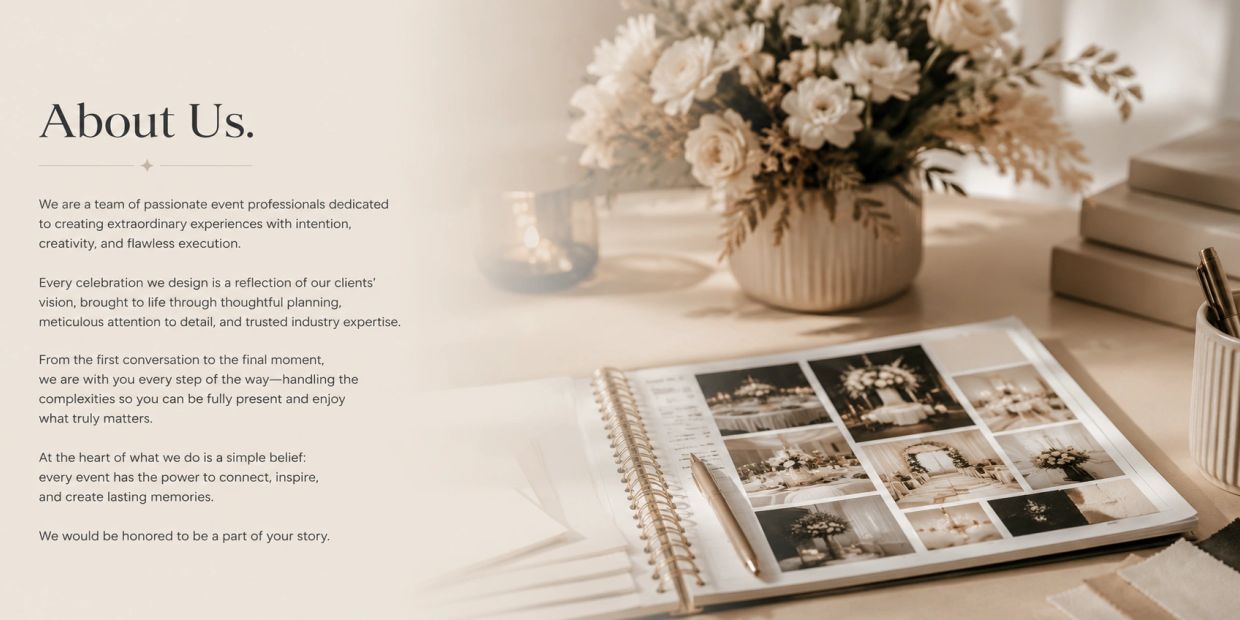 About Us page with event planning description and a photo album.