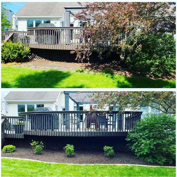 Two pictures of a deck and a house