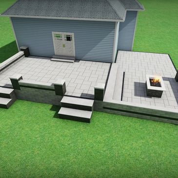 3D rendering of a residential backyard with a grey storage shed, a paved patio area with a fireplace, and a lush green lawn