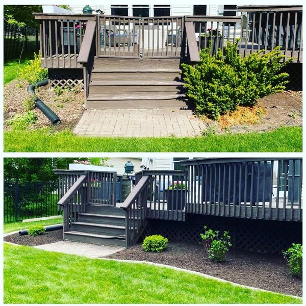 Two pictures of a house with a deck and stairs