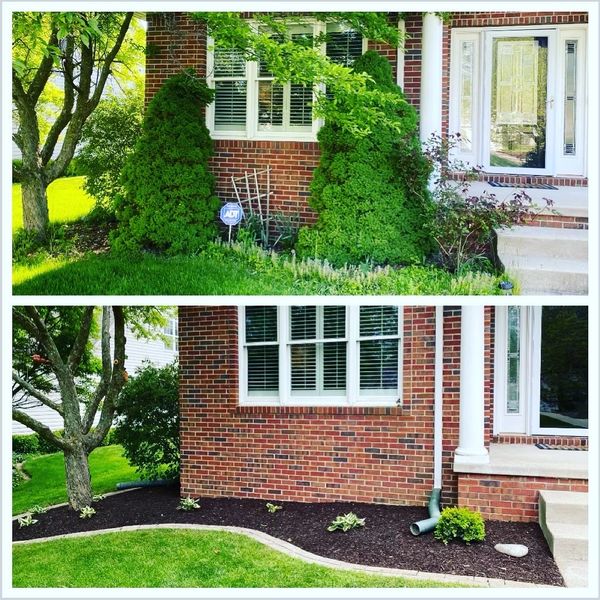 Two pictures of a brick house with white windows