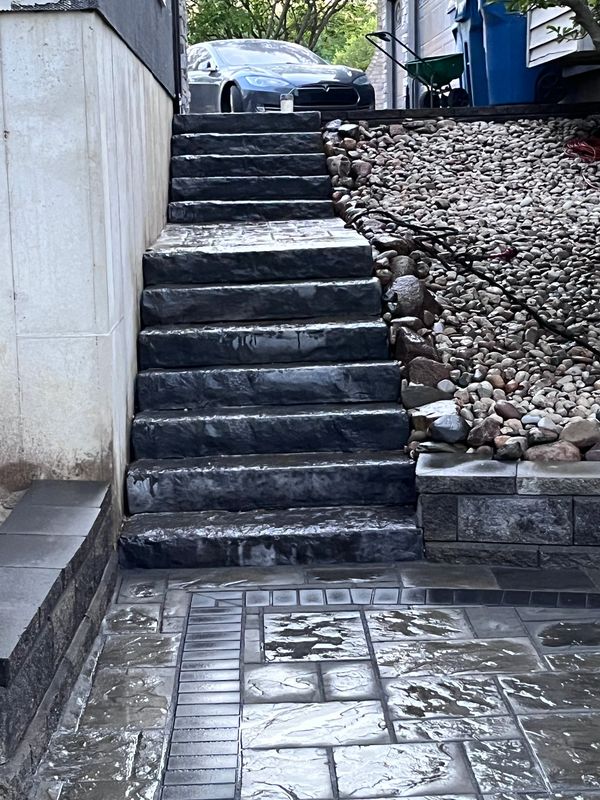 A cat is sitting on the steps of a house