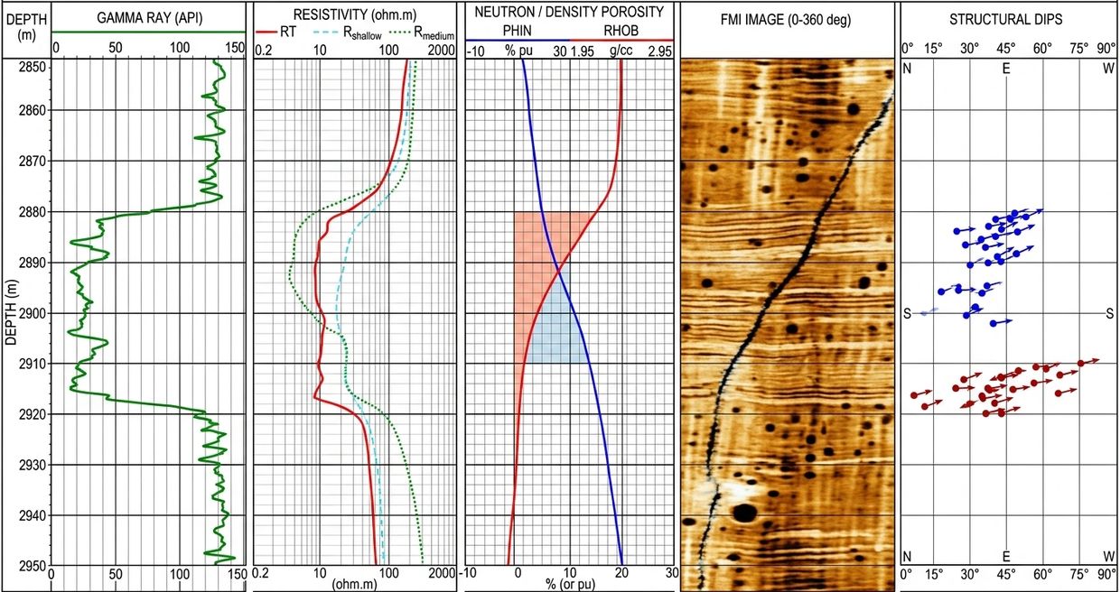 Well log data showing gamma ray, resistivity, porosity, FMI image, and structural dips.