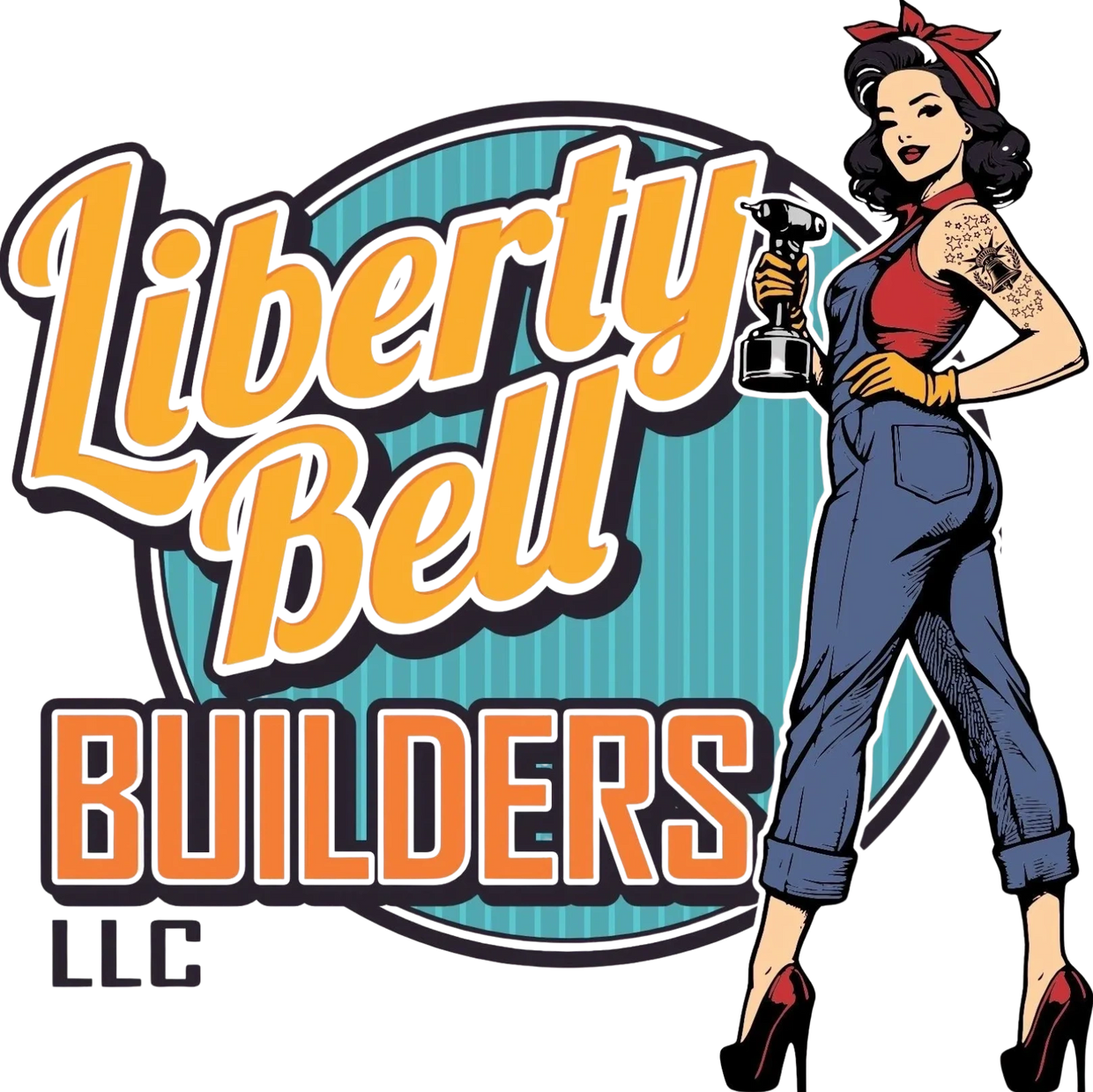 Retro-style logo for Liberty Bell Builders featuring a confident woman with a drill.