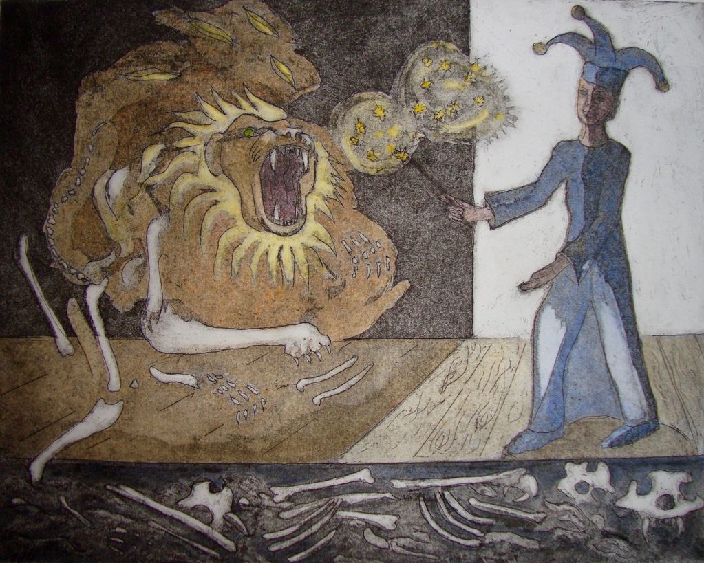 A jester conjures magic at a roaring lion.