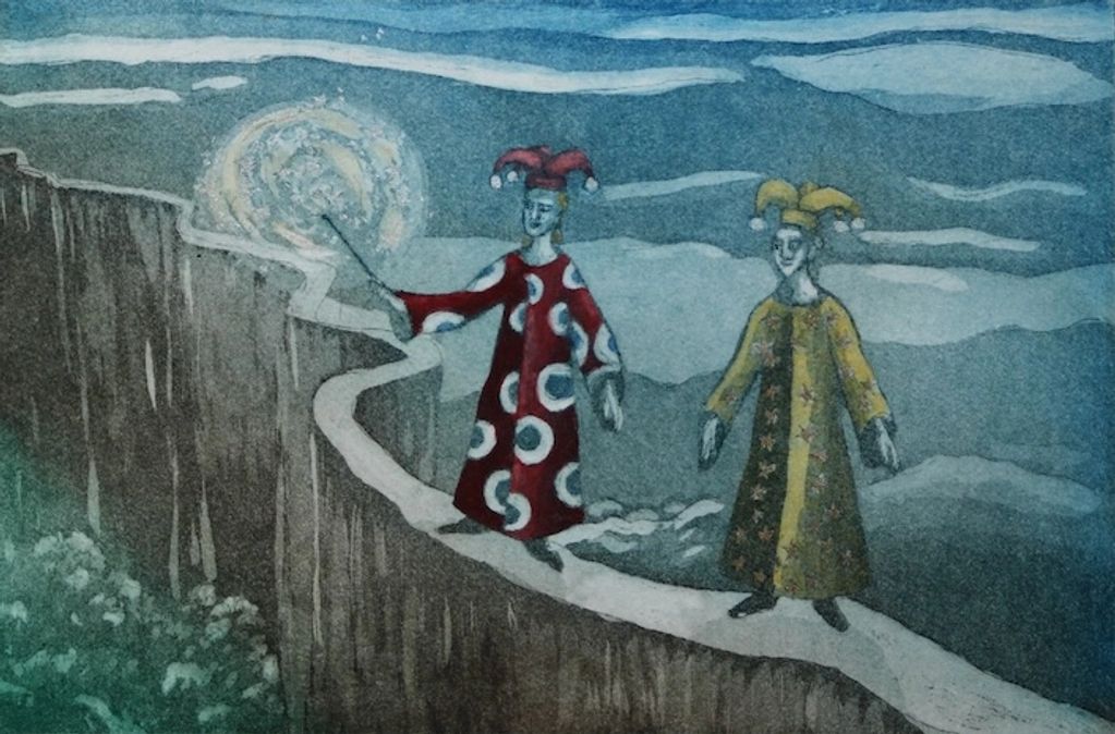 'The Wall'
Etching and Aquatint with watercolour and silver leaf
Inspired by dreams.