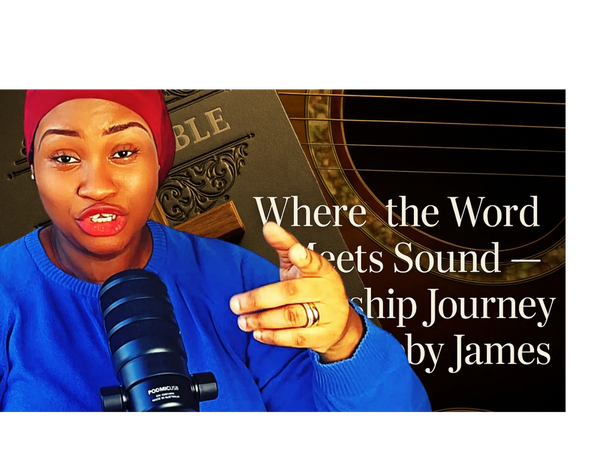 Debby James singing into a microphone with a Bible and guitar backdrop.