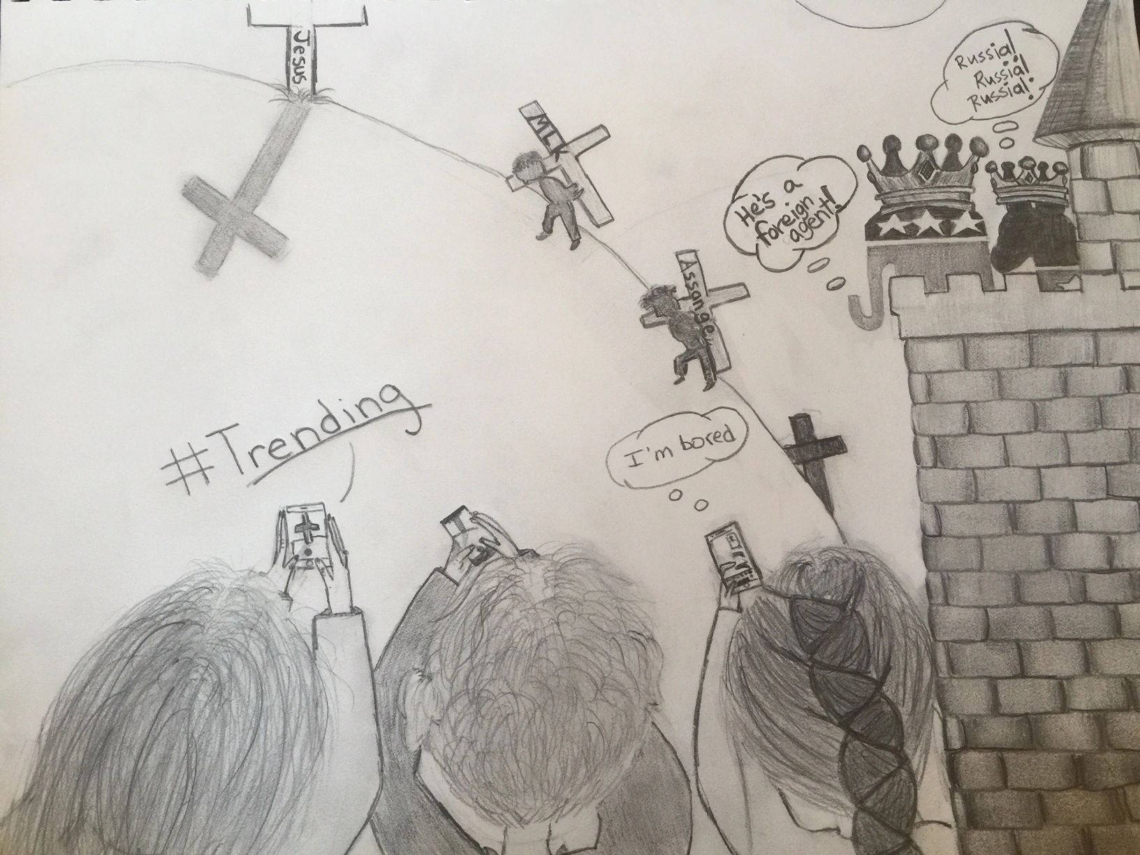 Pencil sketch showing people watching crucifixions, distracted by social media.