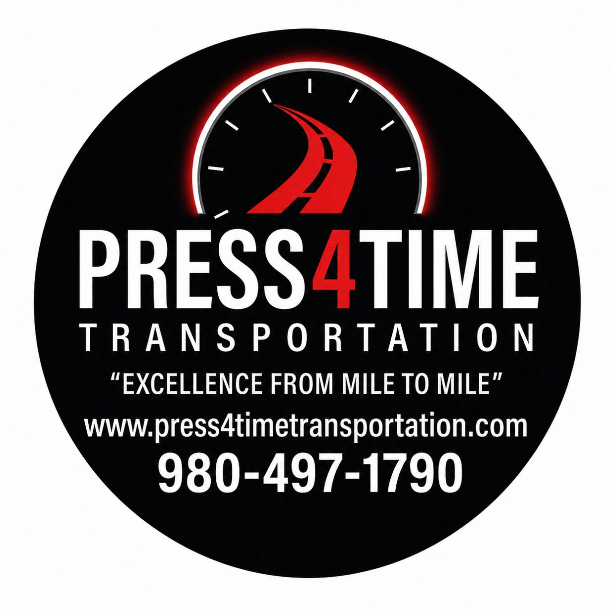 Press4Time Transportation logo with contact details and slogan.