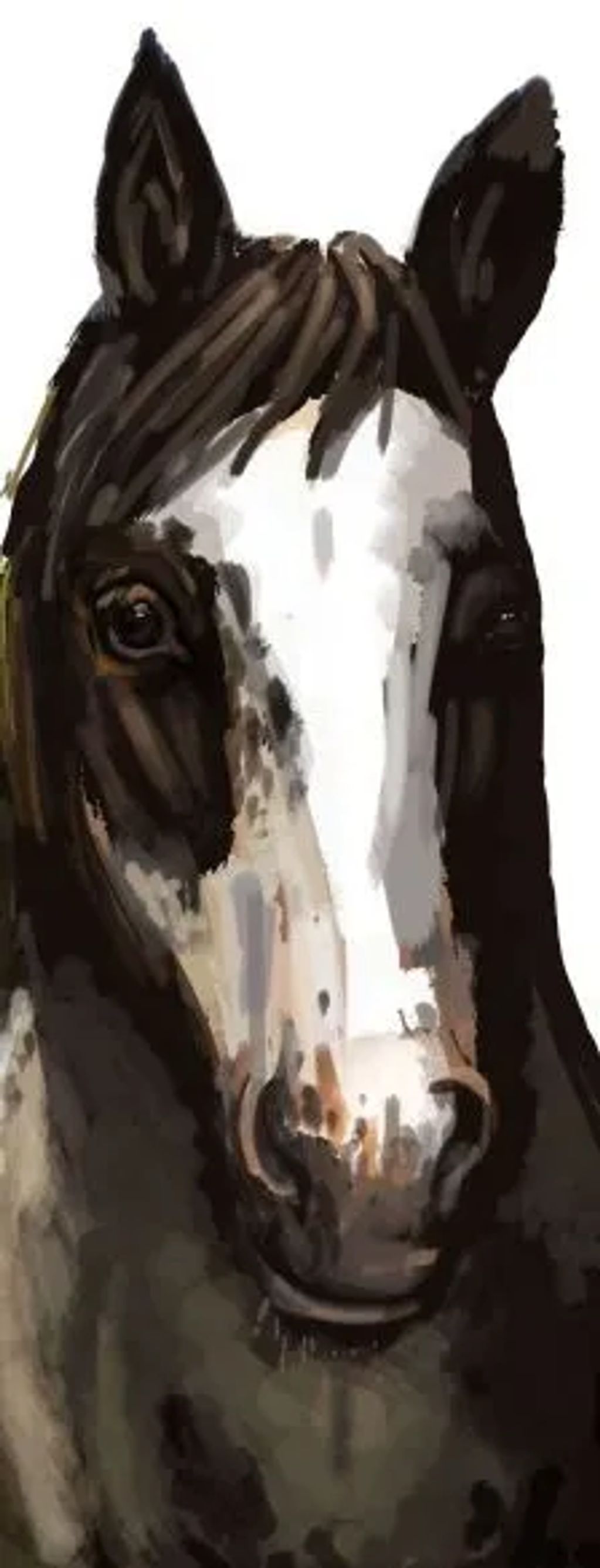 Close-up watercolor painting of a horse's face with a white blaze.
