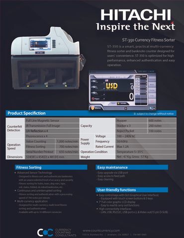 hitachi ST-350 iSorter three pocket reject currency money cash note counter sorter discriminator