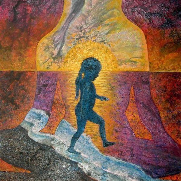 Silhouette of a child walking within an abstract, colorful human figure at sunset.
