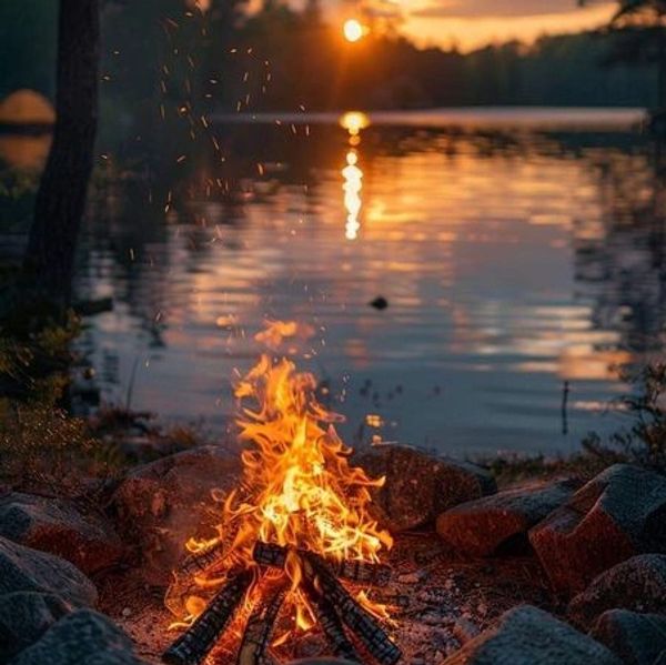 A campfire burns by a serene lakeside during sunset.