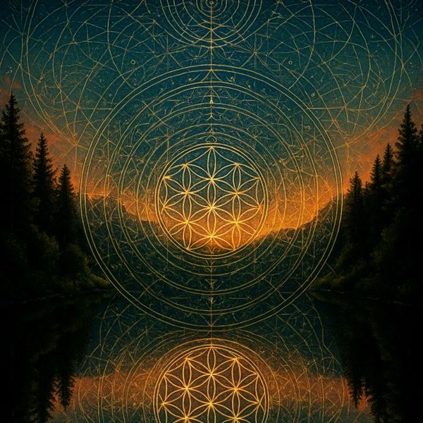 Golden geometric patterns overlay a serene forest sunset reflected in water.