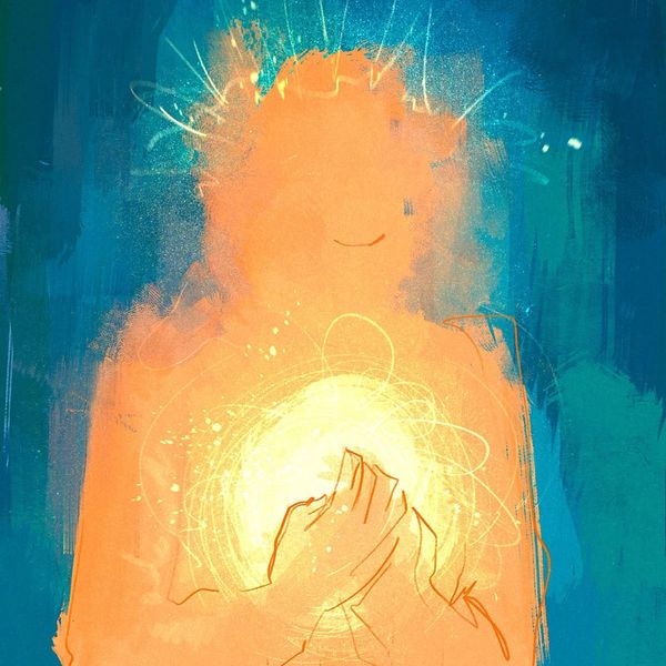 Abstract figure holding radiant glowing light in hands.