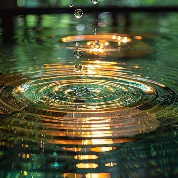 Water droplets creating ripples with glowing reflections.