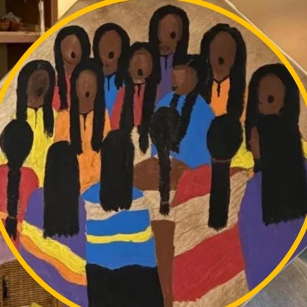 Abstract painting of a group of people with long hair in colorful clothes.