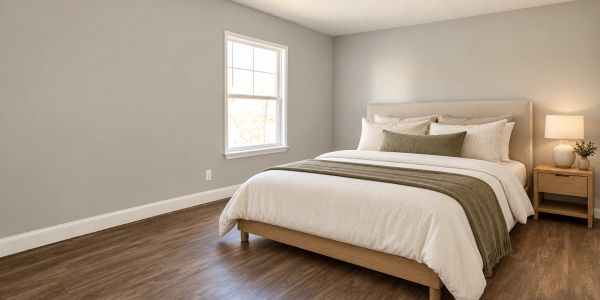Minimalist bedroom with wooden floor and neutral tones.