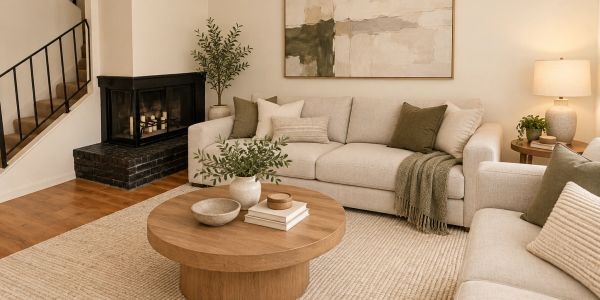 Cozy living room with neutral tones and a fireplace.