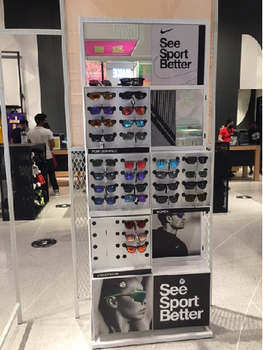 NIKE Eye Wear custom kiosk design in Dubai, blending style, space efficiency, and brand visibility.