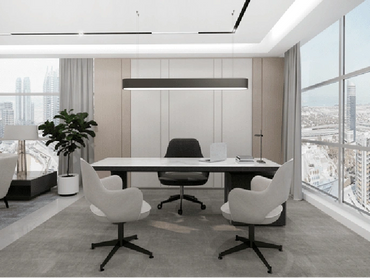 Corporate office interior design in Dubai with ergonomic furniture and modern workspace