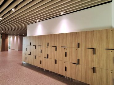 Office interior  in Dubai – modern design of locker and functional workspace layout.