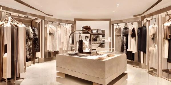 Elegant clothing boutique interior with neutral tones and organized racks.