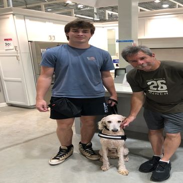 Two men with a dog inside a modern kitchen showroom.
