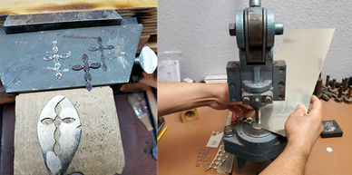 Metal is rolled and pressed into a metal sheet and a pattern is cut out.