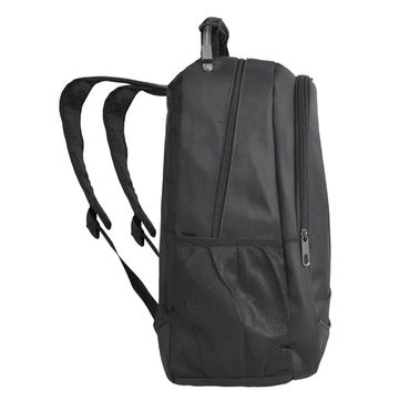 Visão lateral da mochila para notebook personalizada com 2 divisórias e bolsos laterais com rede