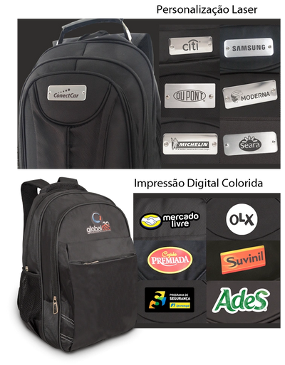 Exemplos de mochilas com personalização a laser e impressão digital colorida para empresas