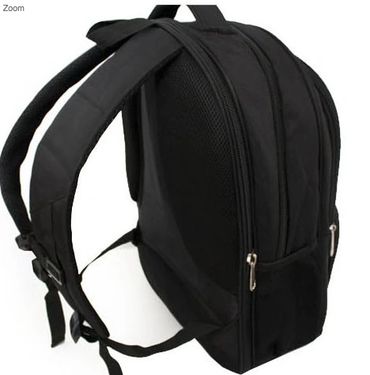 Visão lateral da mochila personalizada para empresas com alças acolchoadas e bolsos laterais de rede