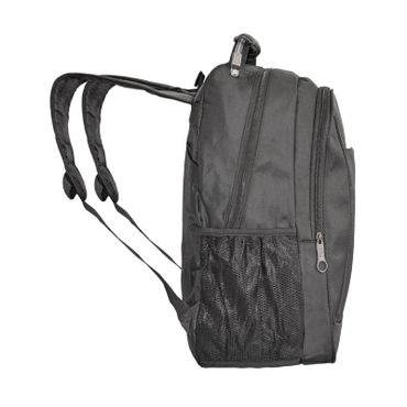 Visão lateral da mochila personalizada para empresas com 2 divisórias e bolsos laterais de rede