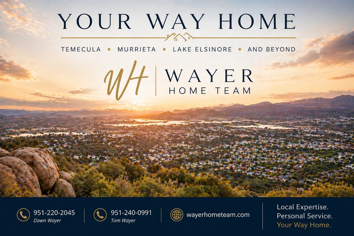 Temecula Murrieta Lake Elsinore real estate FAQ banner with valley sunset and Wayer Home Team brandi