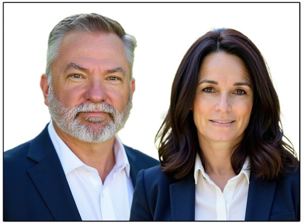 Headshot of Realtors Tom and Dawn Wayer in business attire posing together.