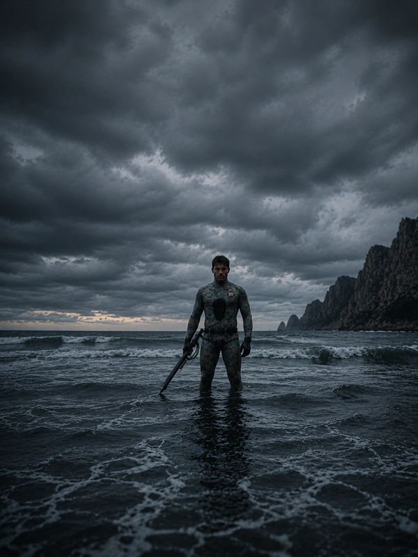 A lone diver stands in the ocean under a stormy sky, holding a speargun.