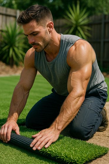 Muscular man installing artificial grass outdoors on a sunny day.