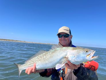 Smiling man holding a large fish on a sunny day by the water.