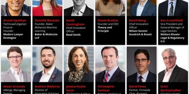Headshots of diverse professionals with names and titles in red and black captions.