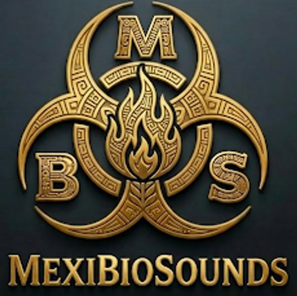 Golden MexiBioSounds logo with a tribal biohazard symbol and flame.